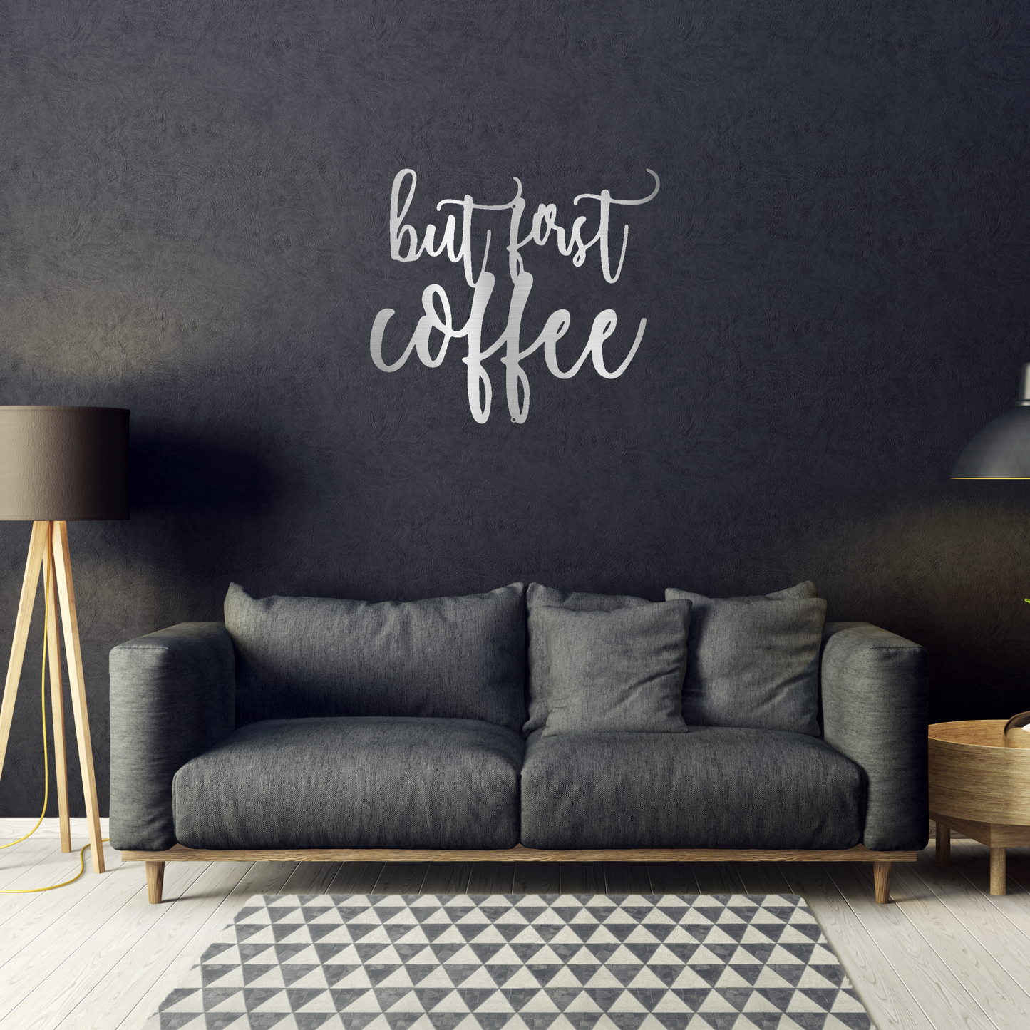 But First Coffee Script Custom Made Metal Signs - Silver Scripted Metal Wall Art Decor | Home Accent Studio