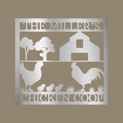 Chicken Coop Monogram Custom Made Metal Signs - Farm Life Silver Metal Wall Art Decor | Home Accent Studio