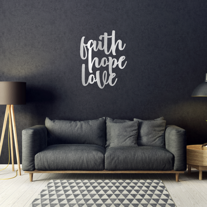 Faith Hope Love Script Custom Made Metal Signs - Silver Christian Wall Art Decor | Home Accent Studio