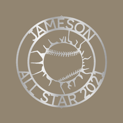 Baseball Wall Monogram Custom Made Metal Signs - Silver Baseball Metal Wall Art Decor | Home Accent Studio