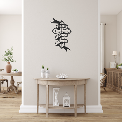 Christian Metal Wall Decor - 'Jesus Saves All' Faith Based Christian Black Metal Wall Art | Home Accent Studio