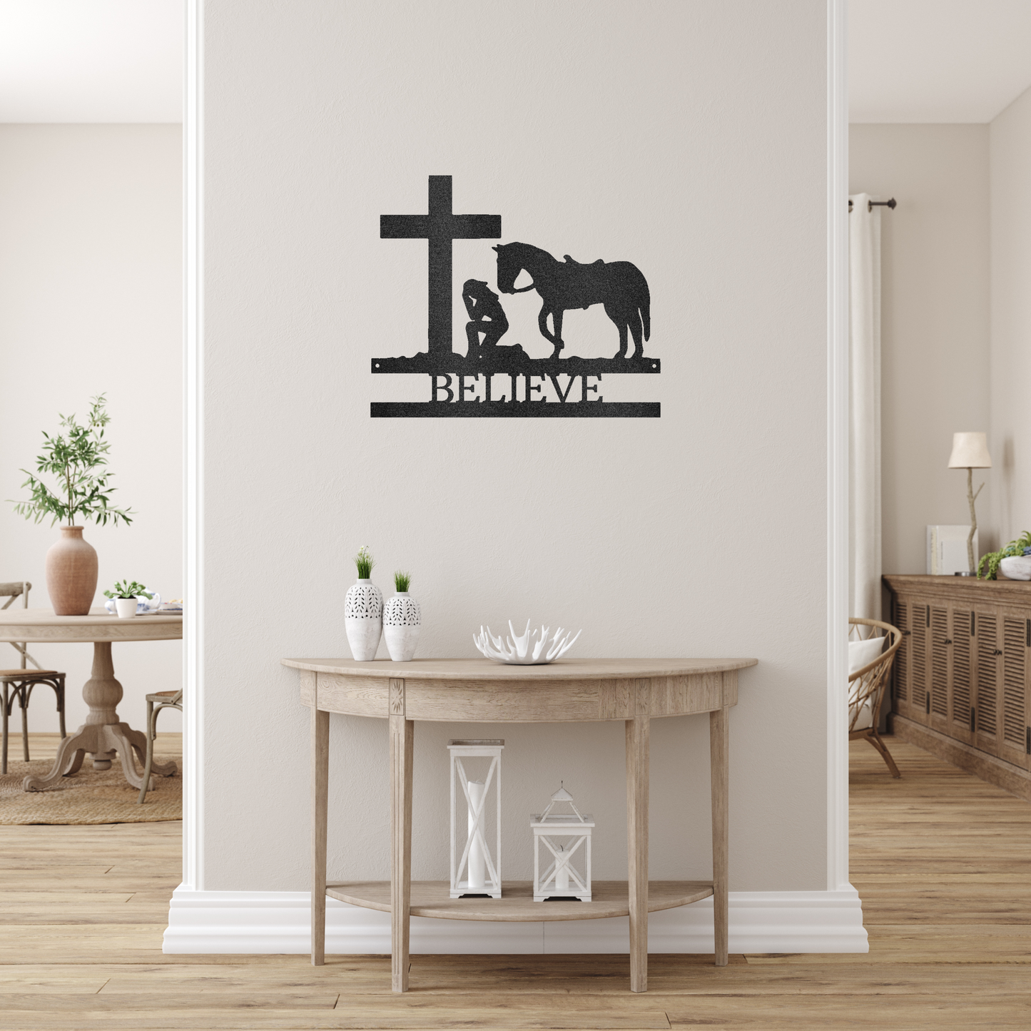 Personalized Christian Metal Wall Decor - 'Kneeling Cowgirl' Black Monogram | Home Accent Studio