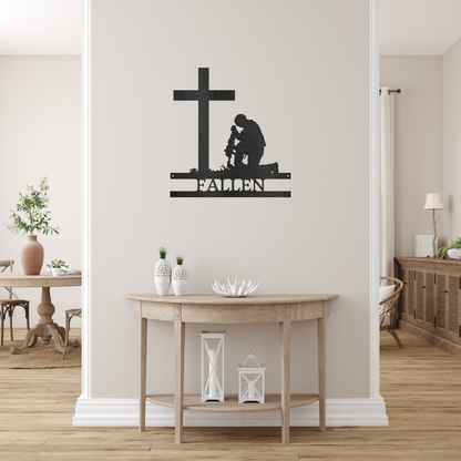 Personalized Veteran's Metal Wall Decor - 'Kneeling Soldier' Black Monogram | Home Accent Studio