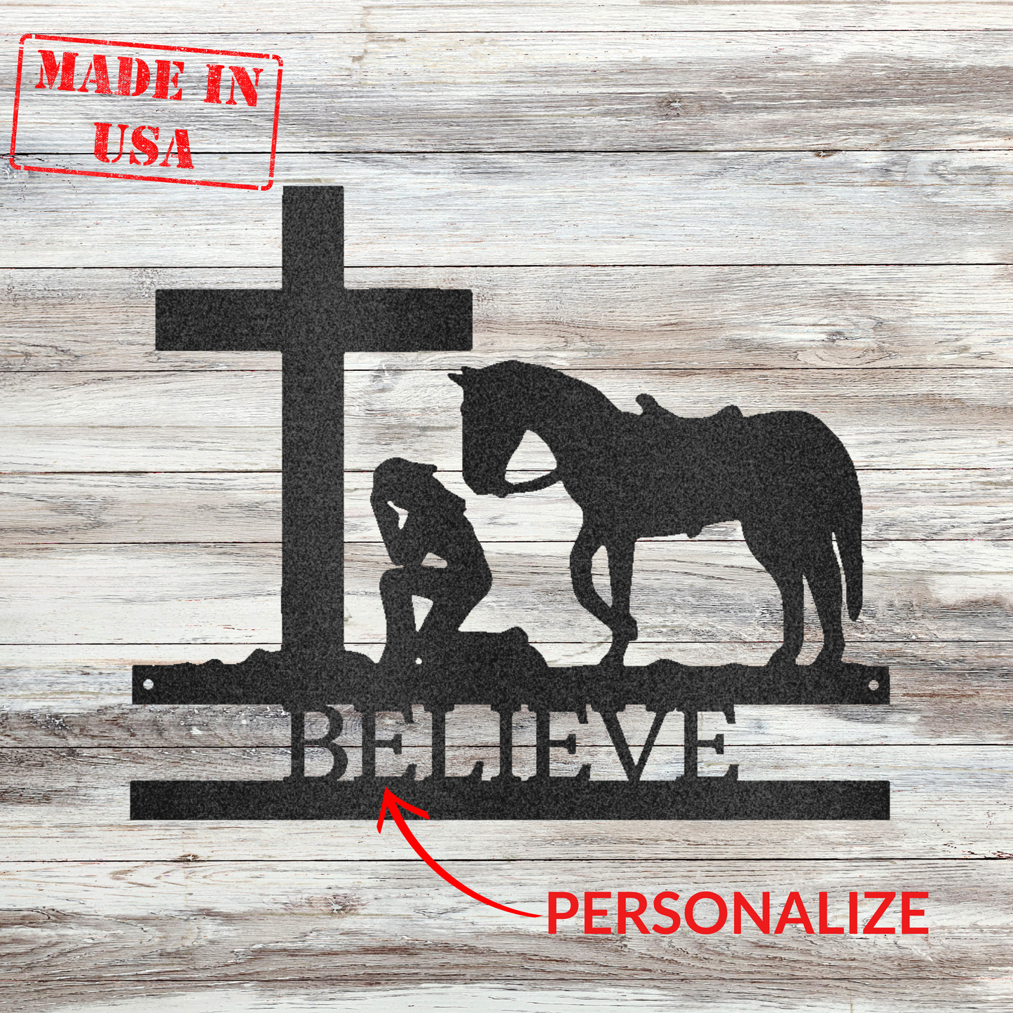 Personalized Christian Metal Wall Decor - 'Kneeling Cowgirl' Monogram | Home Accent Studio