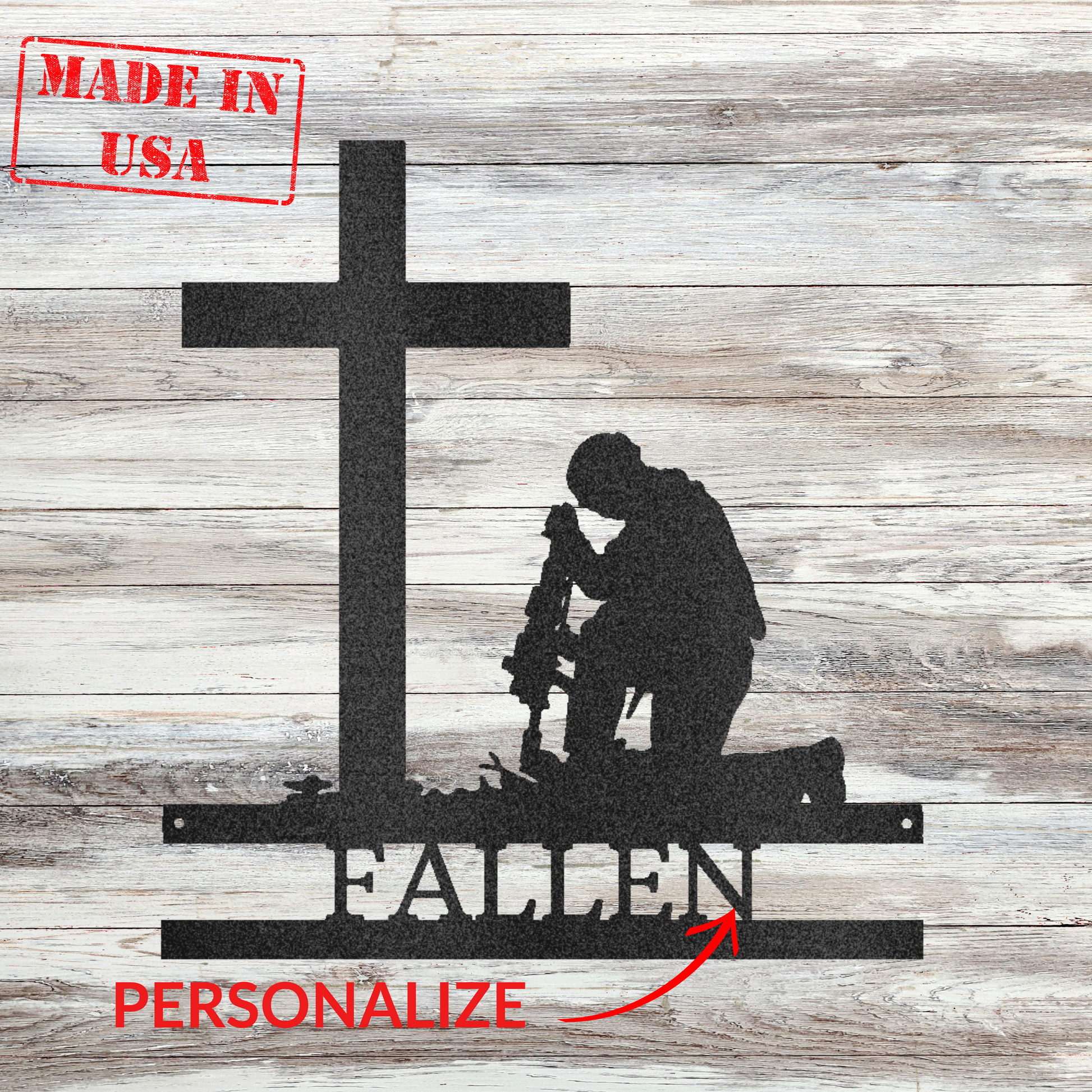 Personalized Veteran's Metal Wall Decor - 'Kneeling Soldier' Monogram | Home Accent Studio