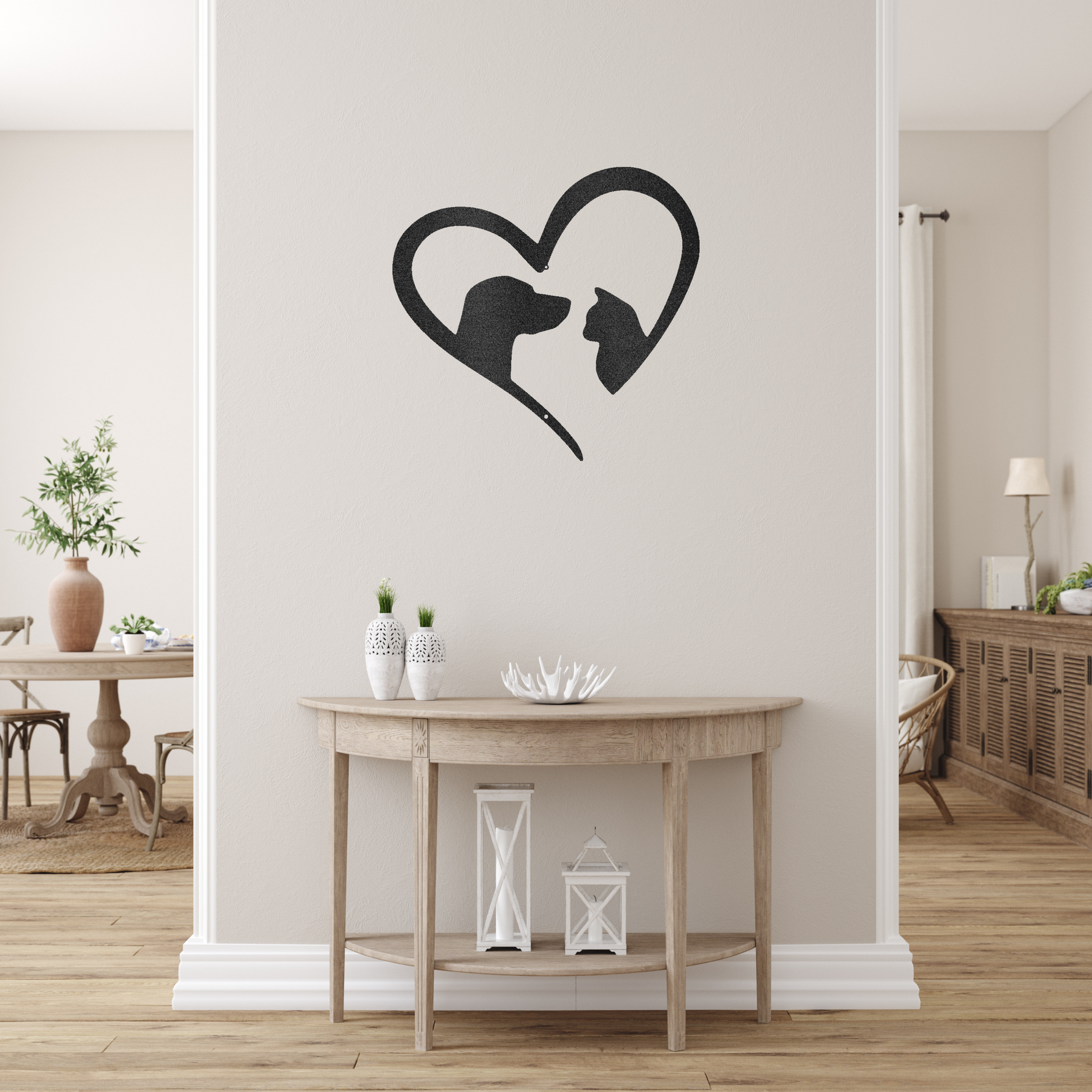 Pet Love Catdog Heart Sign| Heart Drawing With Dog Outline and Cat Outline Black Wall Art | Home Accent Studio