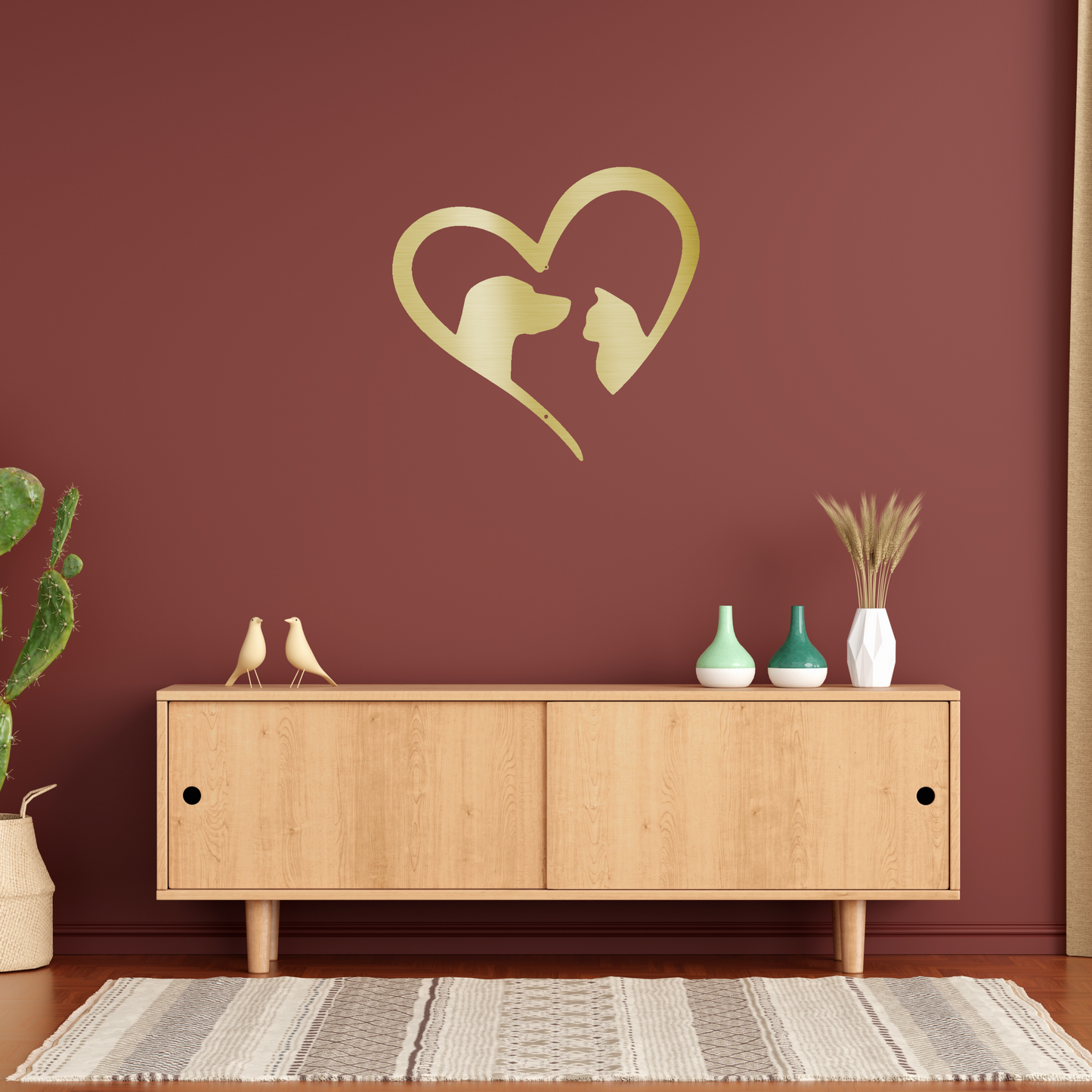 Pet Love Catdog Heart Sign| Heart Drawing With Dog Outline and Cat Outline Gold Wall Art | Home Accent Studio