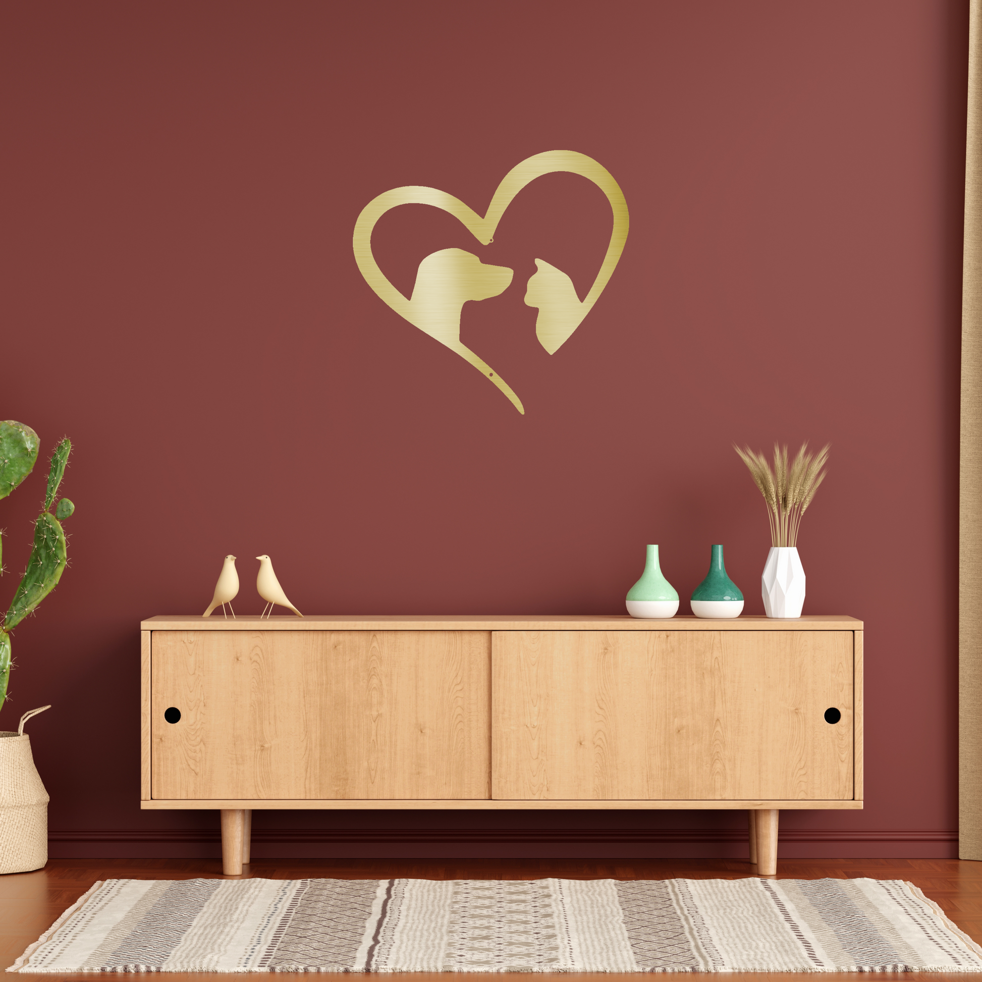 Pet Love Catdog Heart Sign| Heart Drawing With Dog Outline and Cat Outline Gold Wall Art | Home Accent Studio