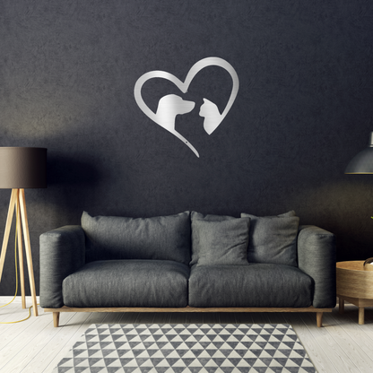 Pet Love Catdog Heart Sign| Heart Drawing With Dog Outline and Cat Outline Silver Wall Art | Home Accent Studio